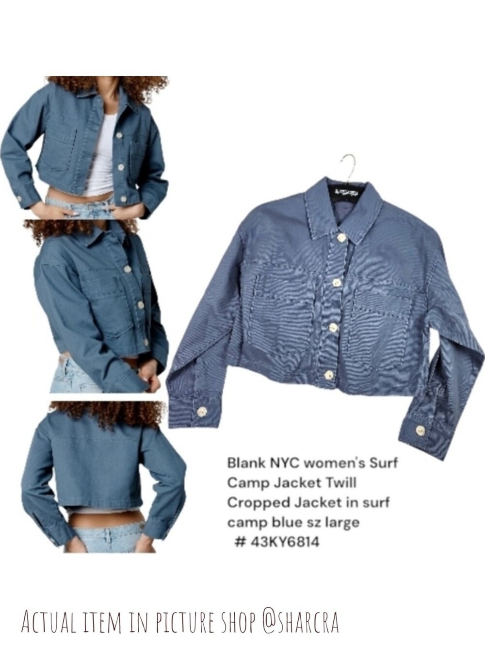 Blank NYC women's Surf Camp  Twill Cropped Jacket blue Cotton #43KY6814 Lg